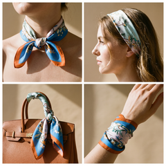 Roselys Paris foulard femme rose bleu fleuri carré satiné 70x70 cm, en bandeau dans les cheveux