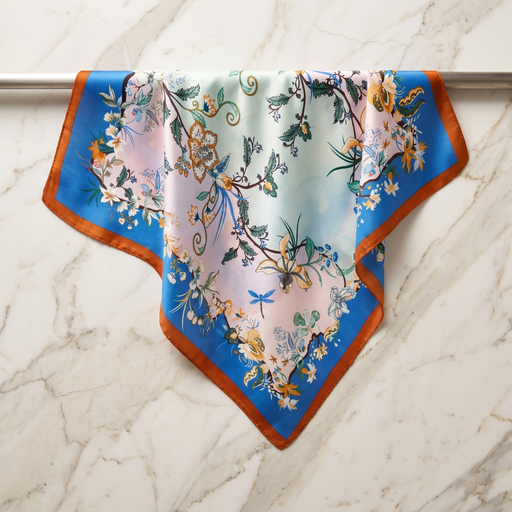 Roselys Paris foulard femme rose bleu fleuri carré satiné 70x70 cm