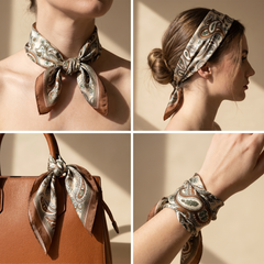 Roselys Paris foulard femme marron crème paisley carré satiné 70x70 cm, en bandeau dans les cheveux