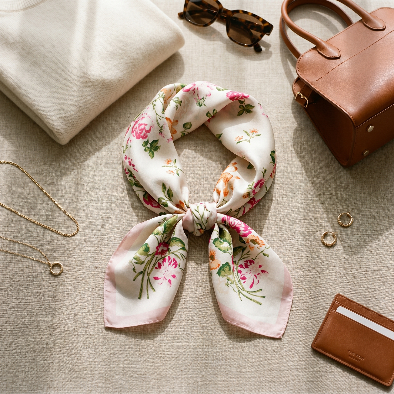 Roselys Paris foulard femme crème rose fleuri carré satiné 70x70 cm, porté au cou