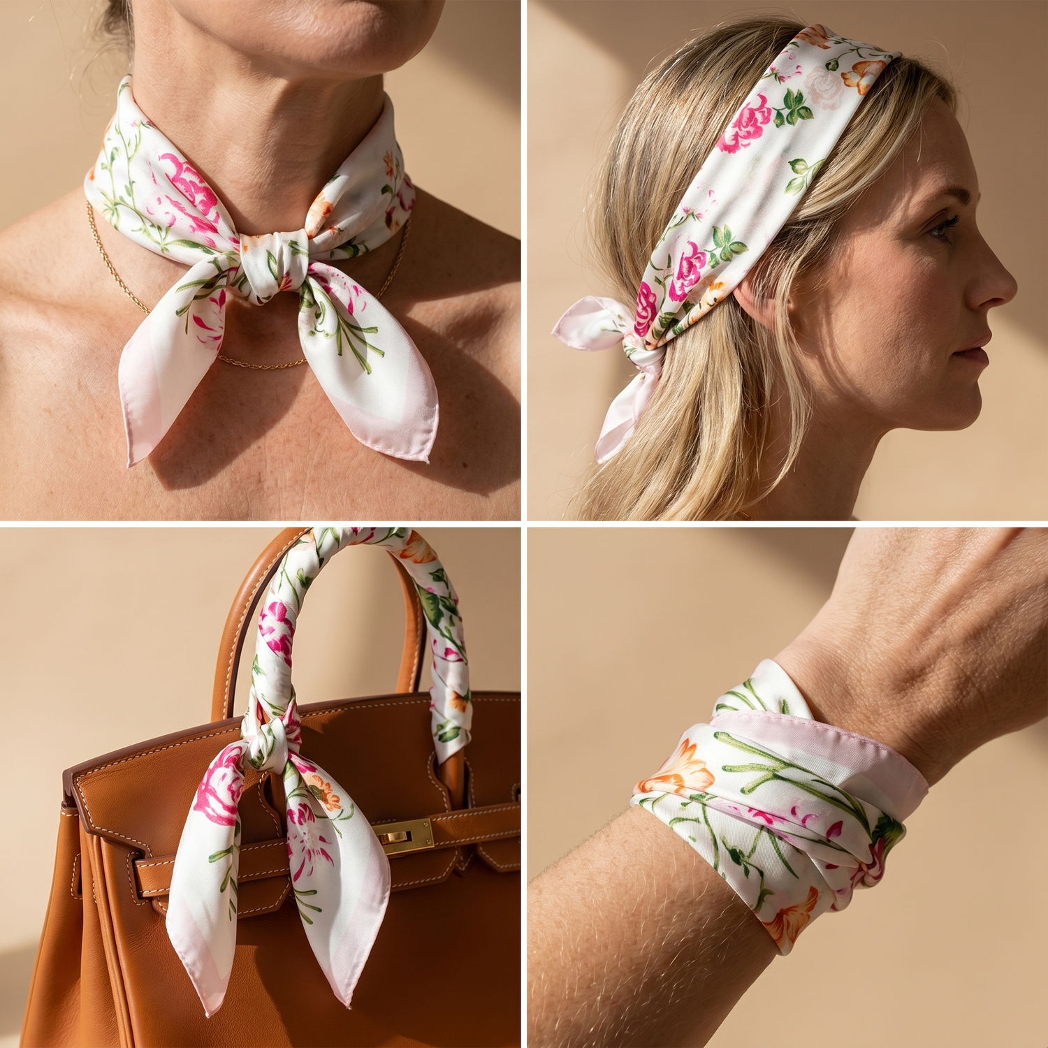 Roselys Paris foulard femme crème rose fleuri carré satiné 70x70 cm, en bandeau dans les cheveux