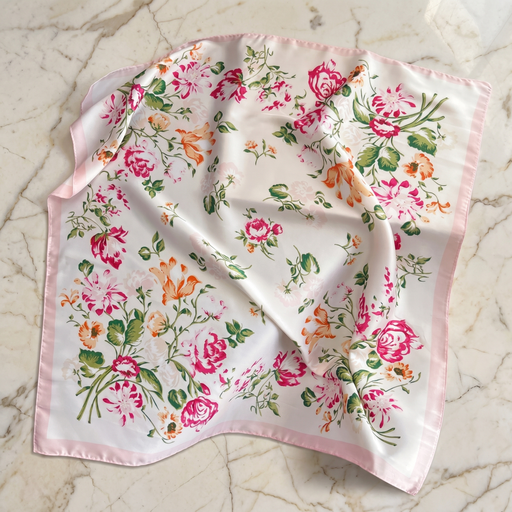 Roselys Paris foulard femme crème rose fleuri carré satiné 70x70 cm