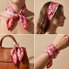 Roselys Paris foulard femme crème rose fleuri carré satiné 70x70 cm, en bandeau dans les cheveux