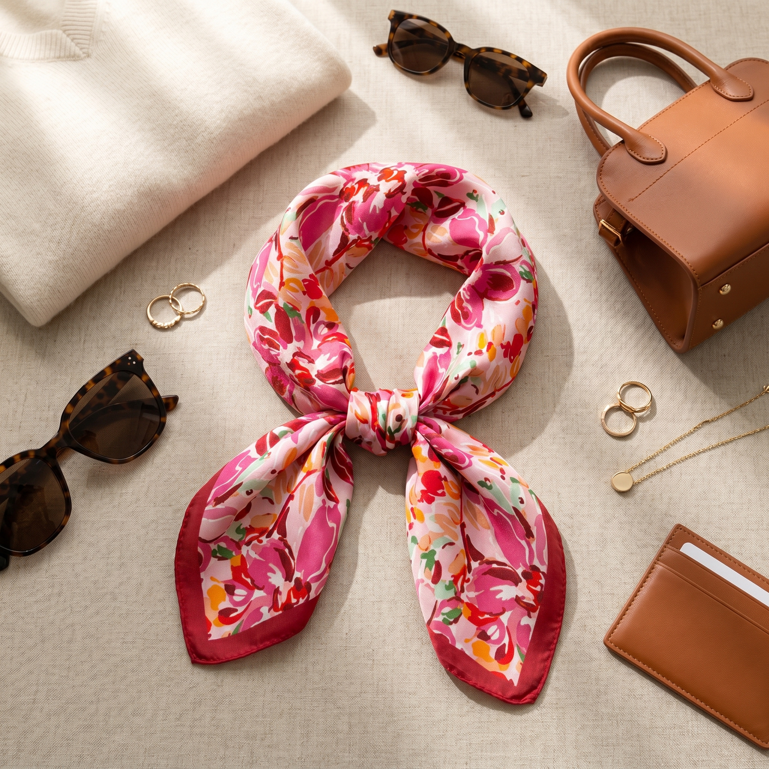 Roselys Paris foulard femme crème rose fleuri carré satiné 70x70 cm, porté au cou
