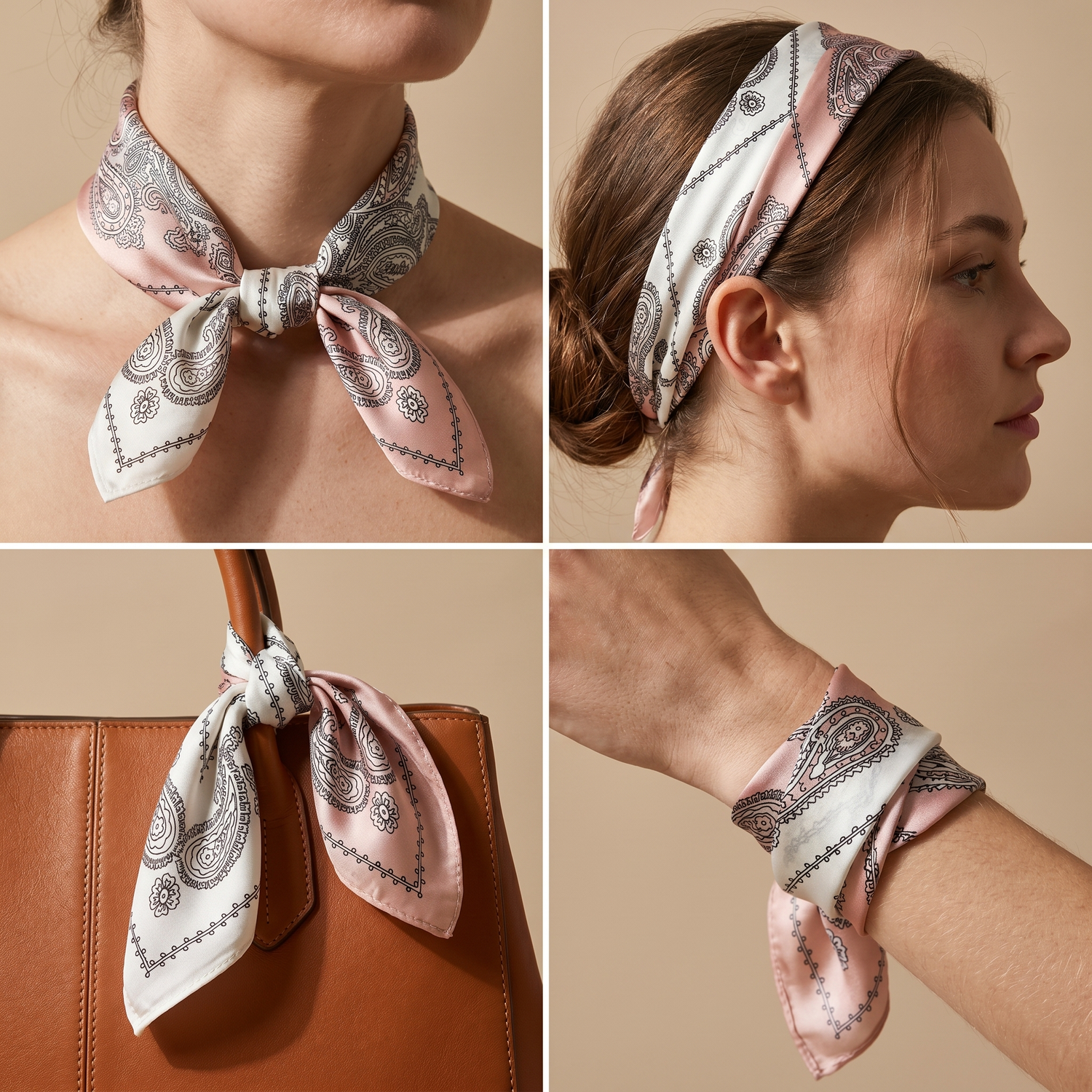 Roselys Paris foulard femme gris rose paisley carré satiné 70x70 cm, en bandeau dans les cheveux