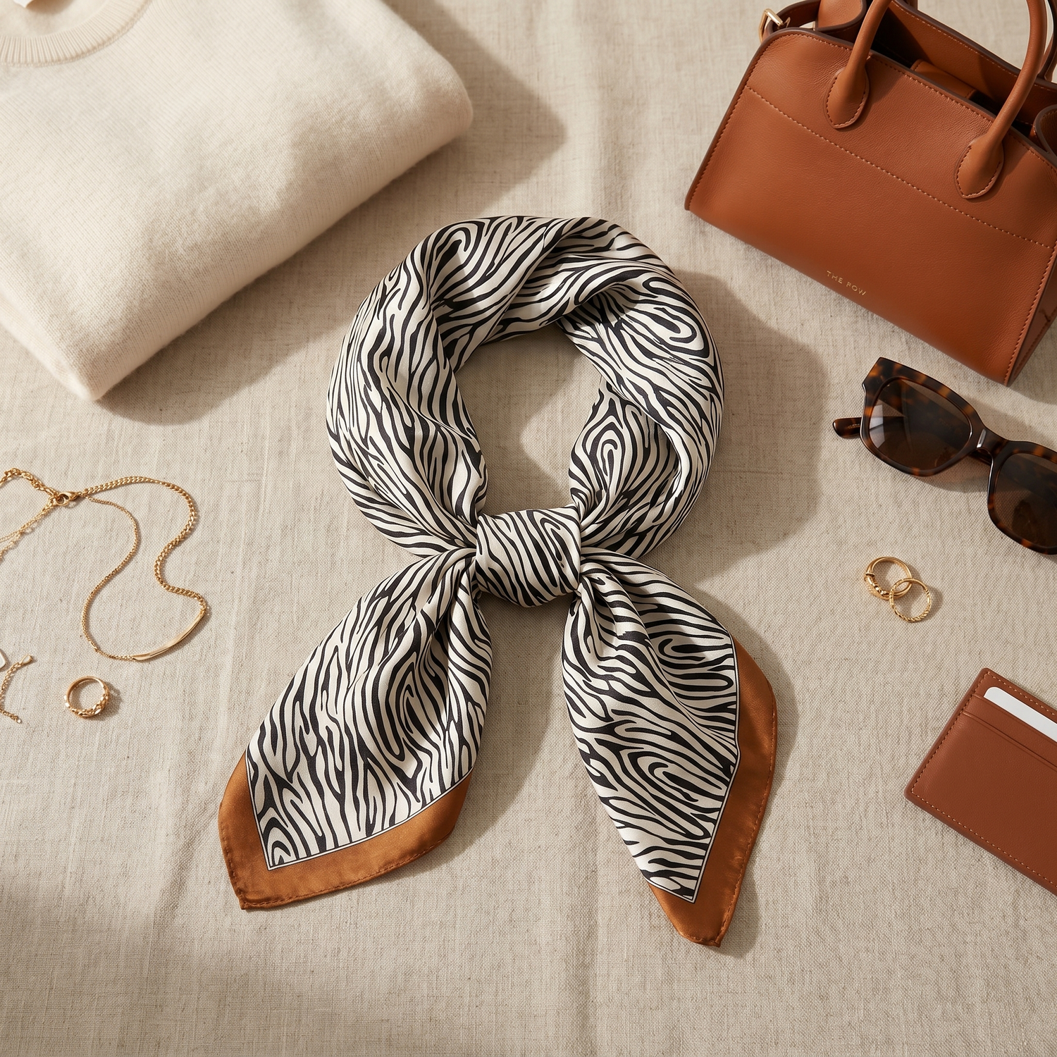 Roselys Paris foulard femme marron orange animalier carré satiné 70x70 cm, porté au cou