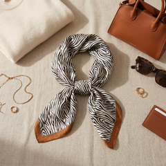 Roselys Paris foulard femme marron orange animalier carré satiné 70x70 cm, porté au cou
