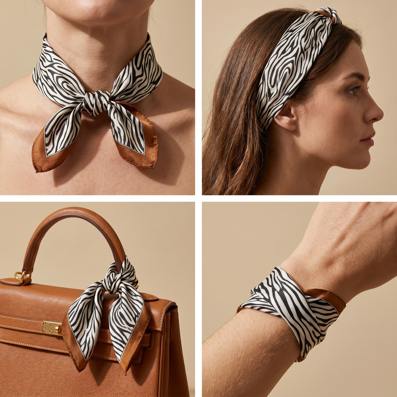 Roselys Paris foulard femme marron orange animalier carré satiné 70x70 cm, en bandeau dans les cheveux