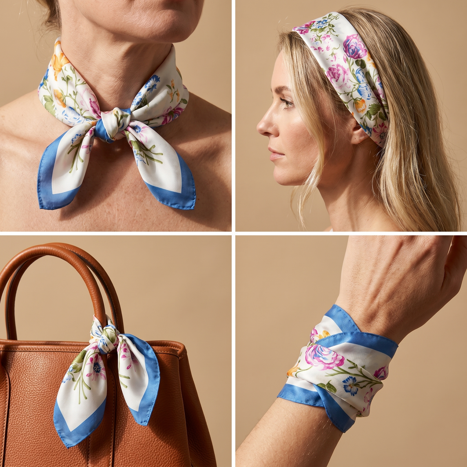 Roselys Paris foulard femme blanc bleu fleuri carré satiné 70x70 cm, en bandeau dans les cheveux