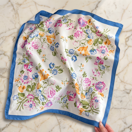 Roselys Paris foulard femme blanc bleu fleuri carré satiné 70x70 cm
