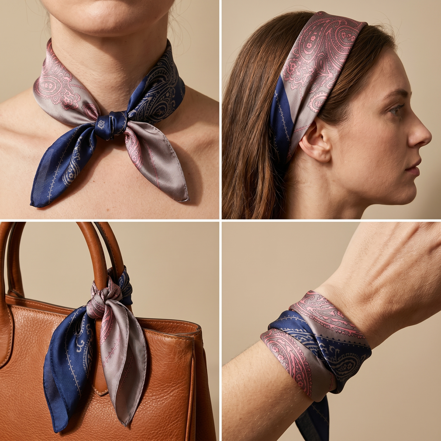 Roselys Paris foulard femme rose marine abstrait carré satiné 70x70 cm, en bandeau dans les cheveux