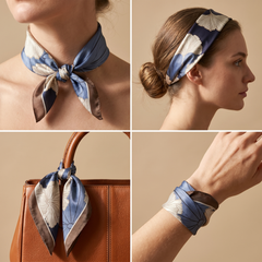 Roselys Paris foulard femme marine doré abstrait carré satiné 70x70 cm, en bandeau dans les cheveux
