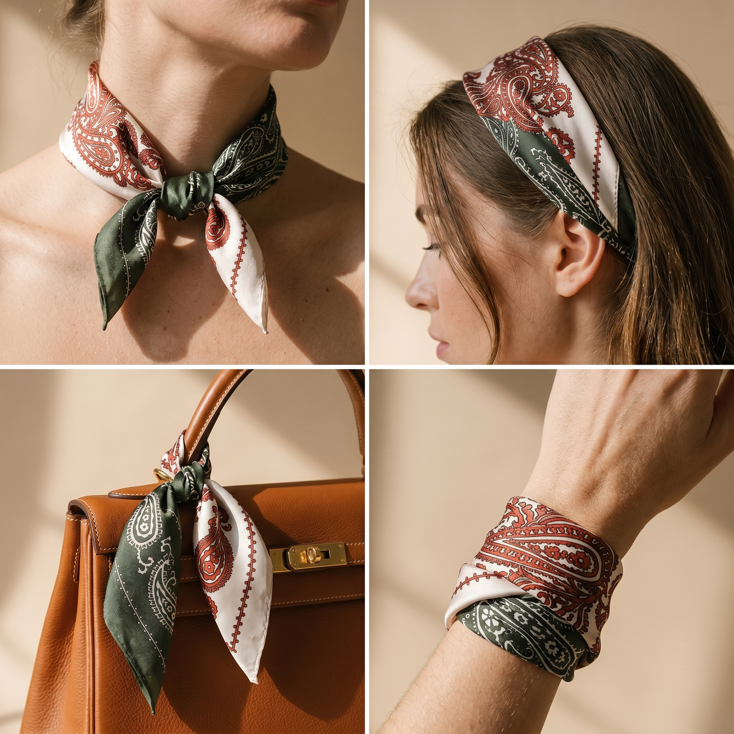 Roselys Paris foulard femme bordeaux doré paisley carré satiné 70x70 cm, en bandeau dans les cheveux