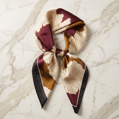 Foulard Carré Satin Fleuri — Bordeaux & Ivoire Fleurs Stylisées