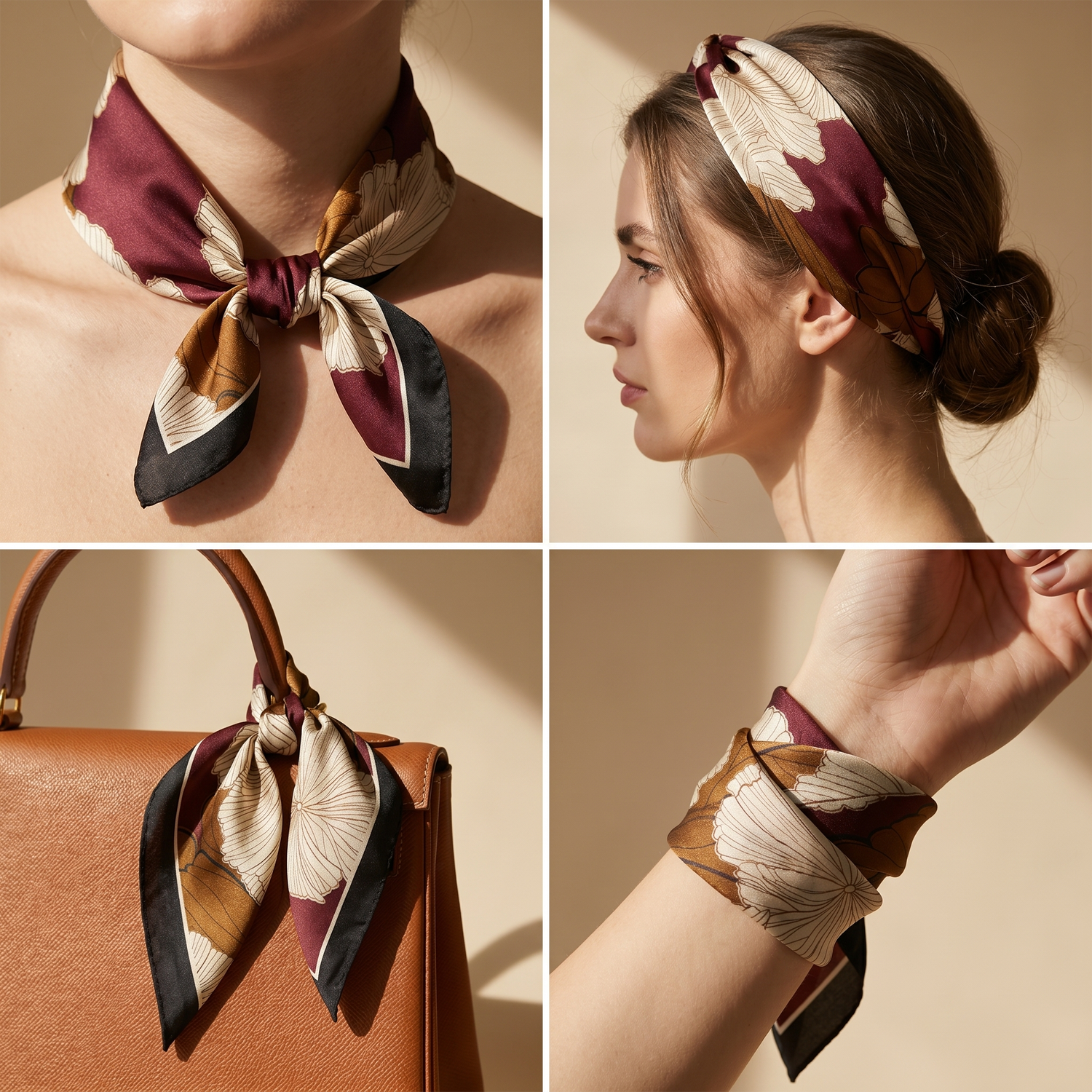 Roselys Paris foulard femme bordeaux doré abstrait carré satiné 70x70 cm, en bandeau dans les cheveux