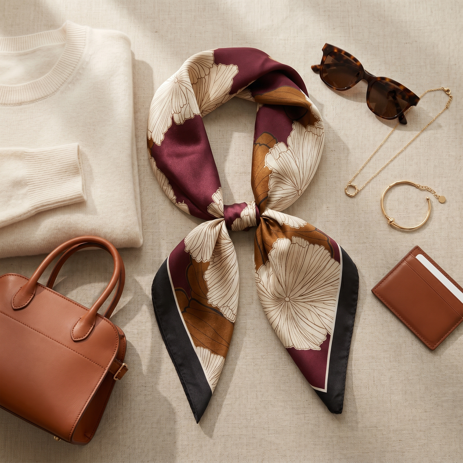 Roselys Paris foulard femme bordeaux doré abstrait carré satiné 70x70 cm, porté au cou