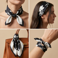 Roselys Paris foulard femme noir blanc fleuri carré satiné 70x70 cm, en bandeau dans les cheveux