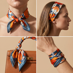 Roselys Paris foulard femme orange bleu fleuri carré satiné 70x70 cm, en bandeau dans les cheveux