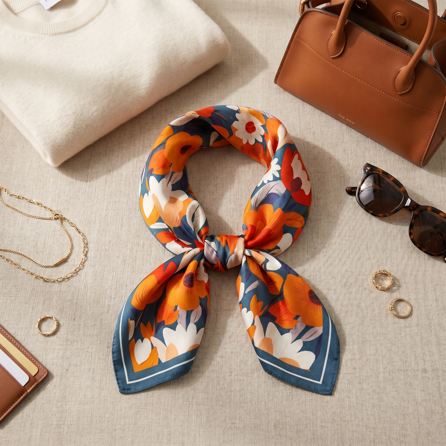 Roselys Paris foulard femme orange bleu fleuri carré satiné 70x70 cm, porté au cou
