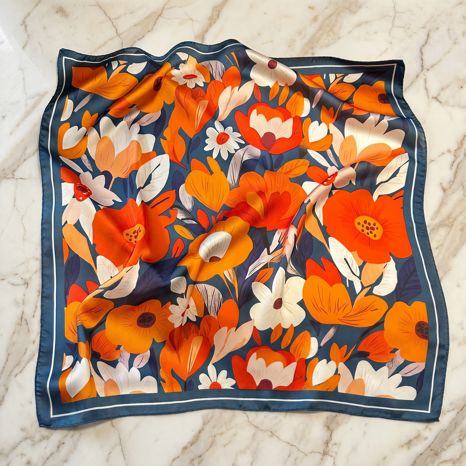 Roselys Paris foulard femme orange bleu fleuri carré satiné 70x70 cm