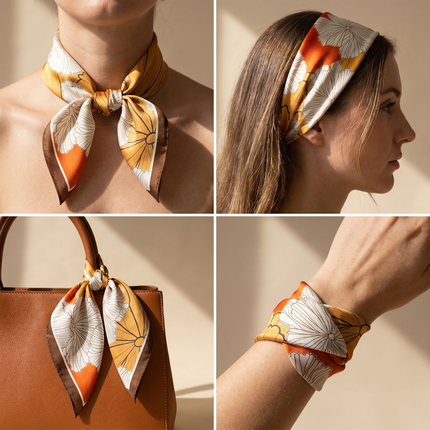 Roselys Paris foulard femme crème orange fleuri carré satiné 70x70 cm, en bandeau dans les cheveux