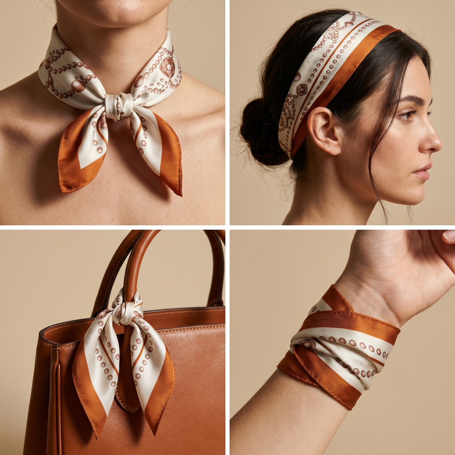 Roselys Paris foulard femme crème orange baroque carré satiné 70x70 cm, en bandeau dans les cheveux