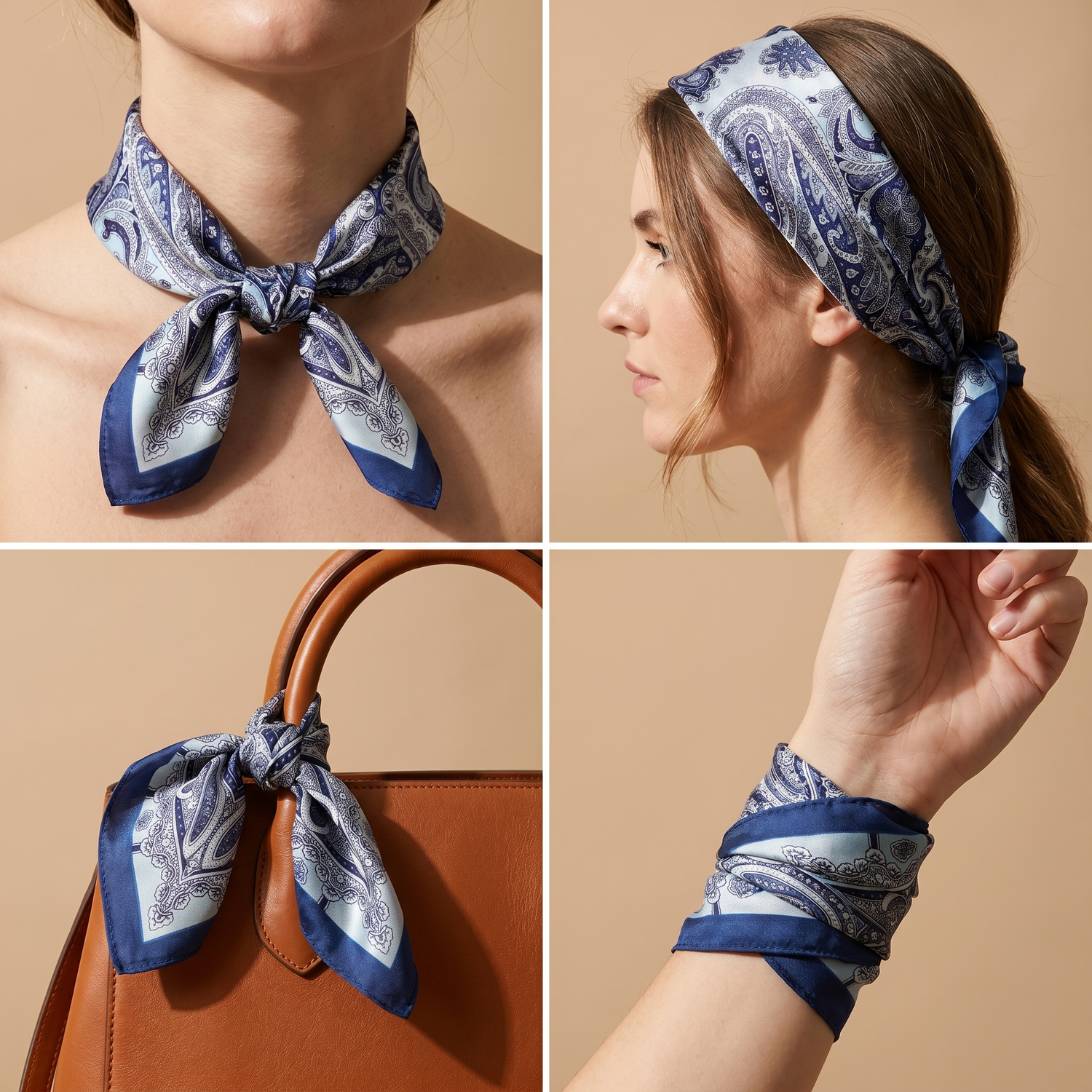Roselys Paris foulard femme marine blanc paisley carré satiné 70x70 cm, en bandeau dans les cheveux