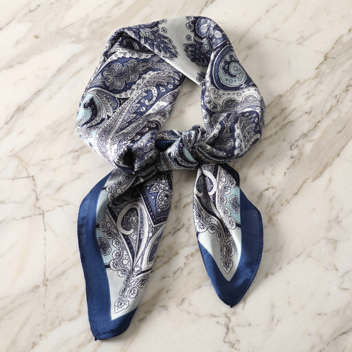 Roselys Paris foulard femme marine blanc paisley carré satiné 70x70 cm