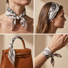 Roselys Paris foulard femme crème gris baroque carré satiné 70x70 cm, en bandeau dans les cheveux