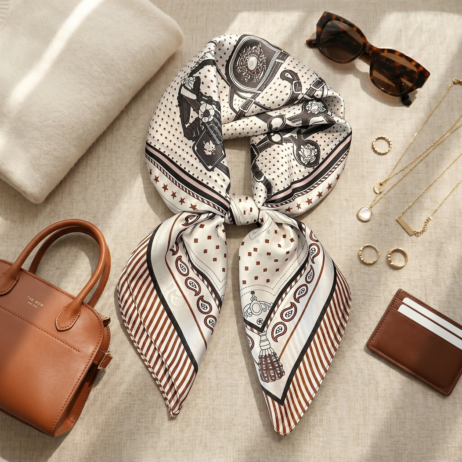 Roselys Paris foulard femme crème gris baroque carré satiné 70x70 cm, porté au cou