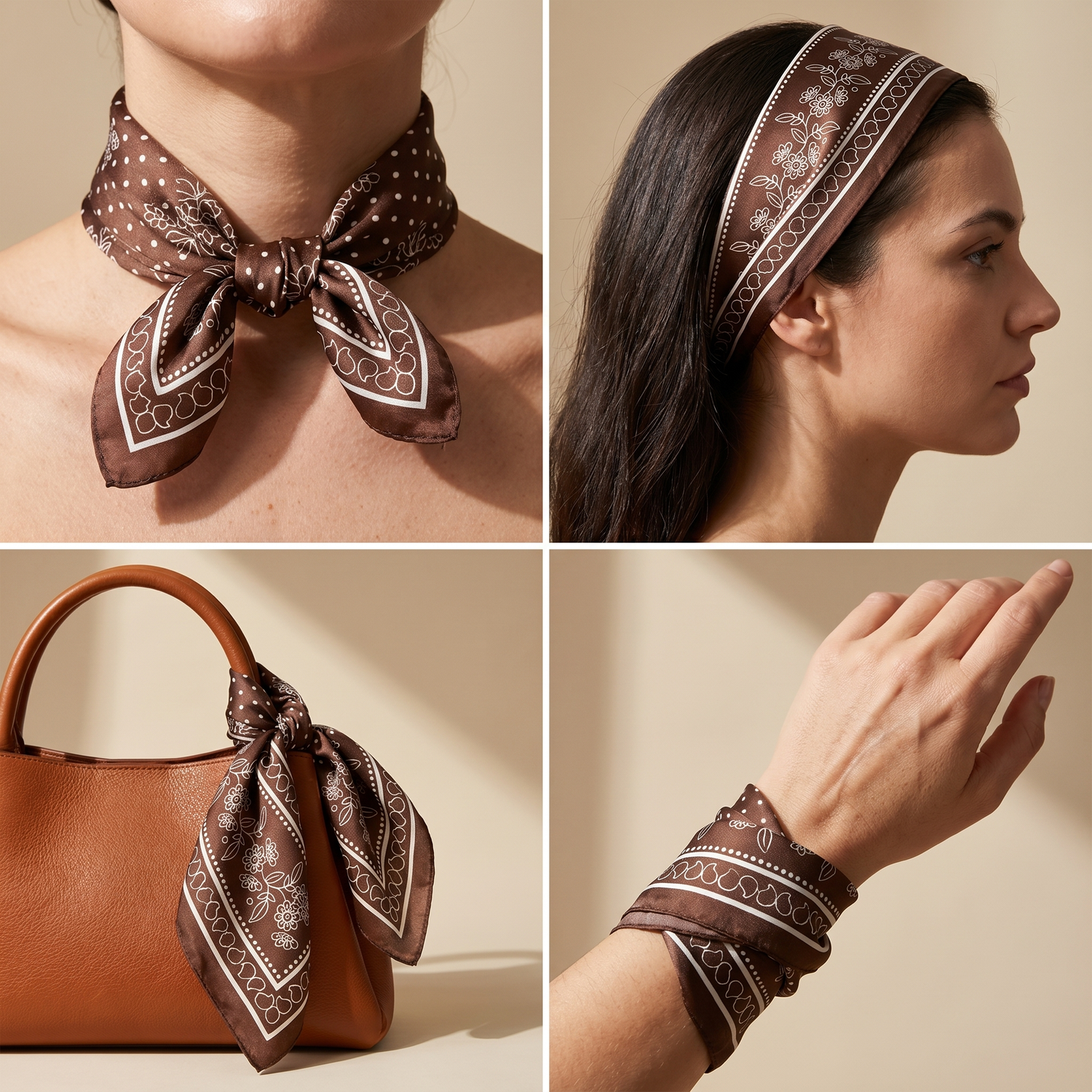 Roselys Paris foulard femme marron crème paisley carré satiné 70x70 cm, en bandeau dans les cheveux