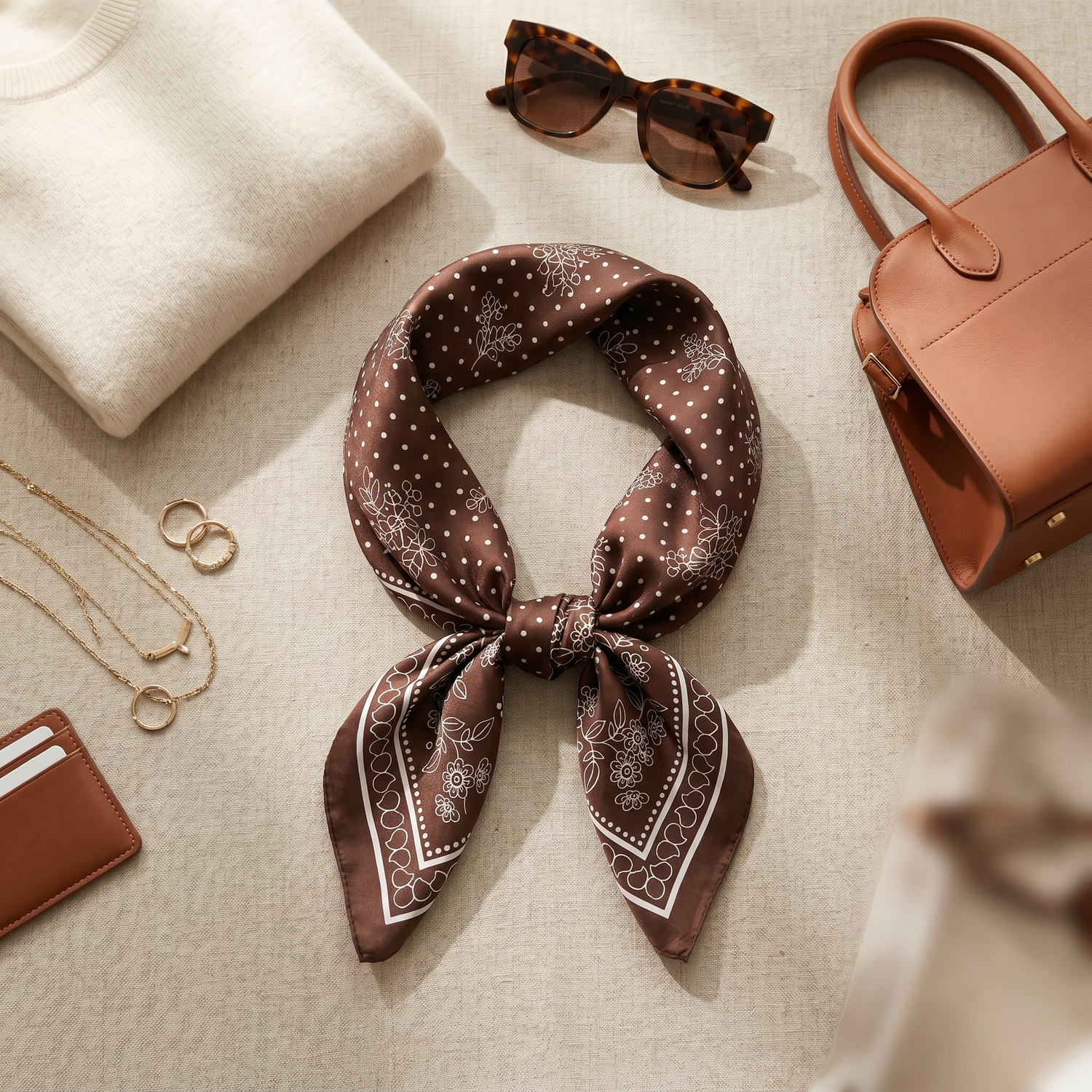 Roselys Paris foulard femme marron crème paisley carré satiné 70x70 cm, porté au cou
