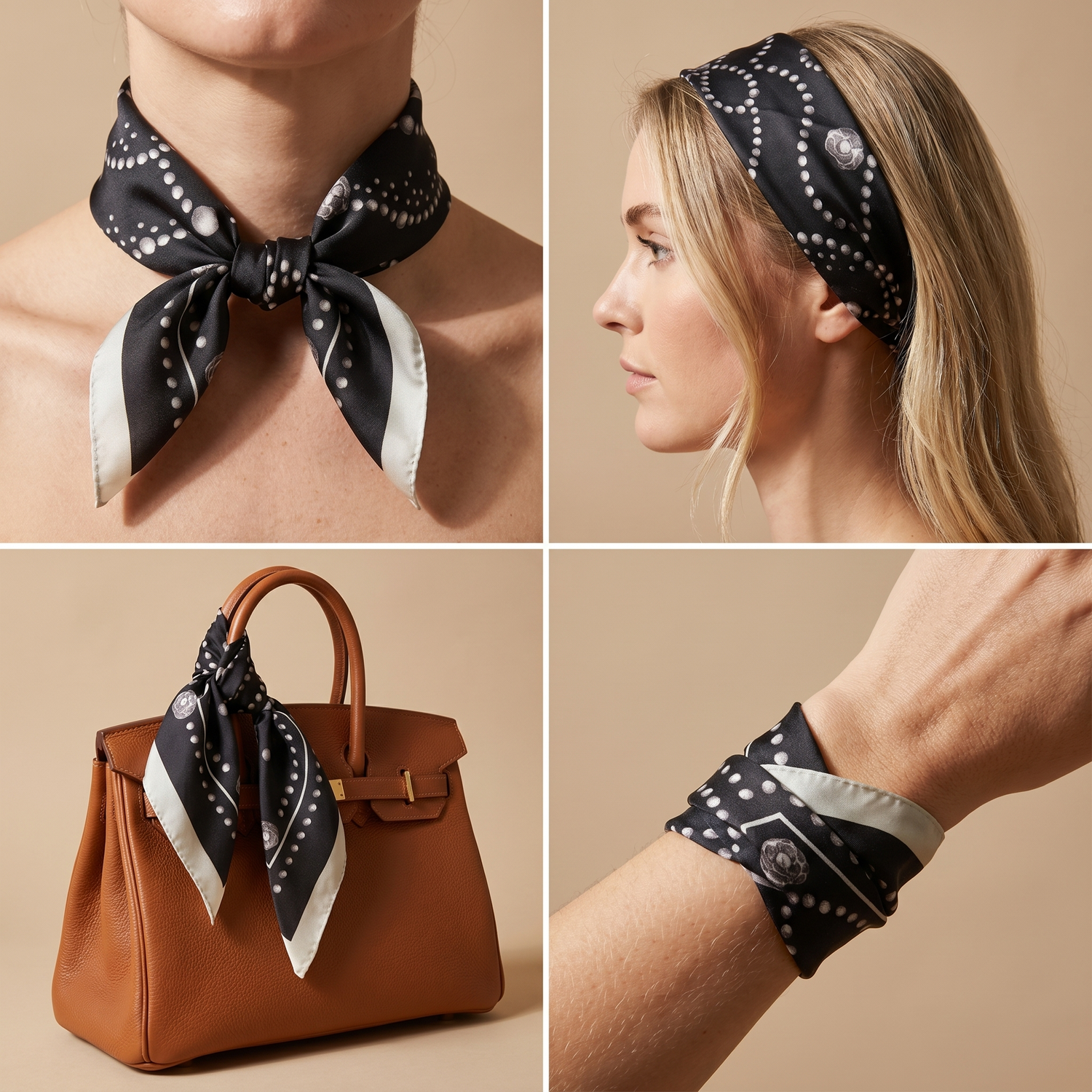 Roselys Paris foulard femme noir crème paisley carré satiné 70x70 cm, en bandeau dans les cheveux