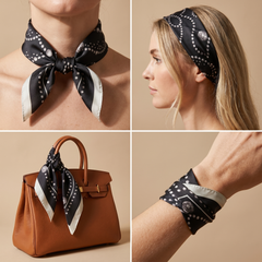 Roselys Paris foulard femme noir crème paisley carré satiné 70x70 cm, en bandeau dans les cheveux