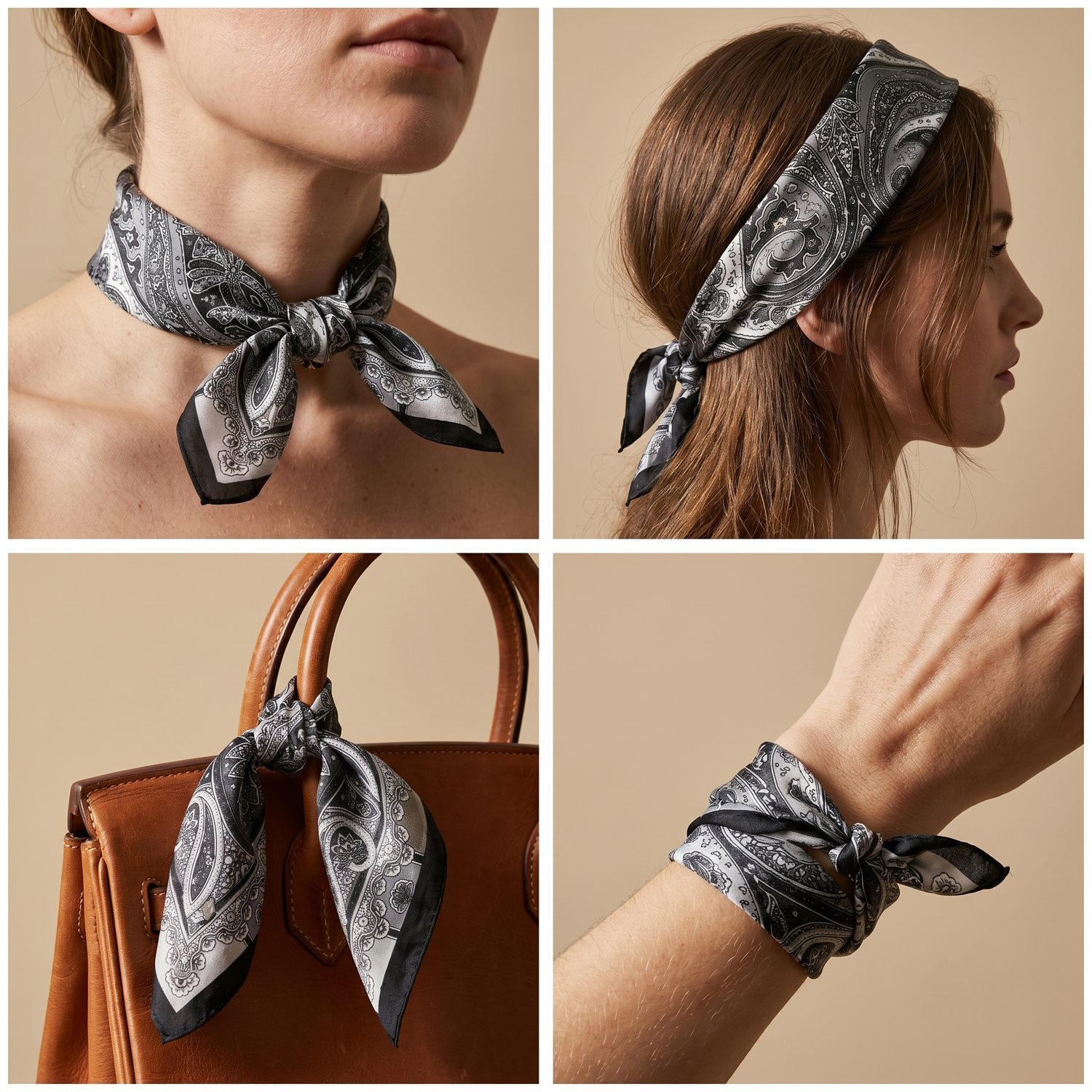 Roselys Paris foulard femme gris noir paisley carré satiné 70x70 cm, en bandeau dans les cheveux