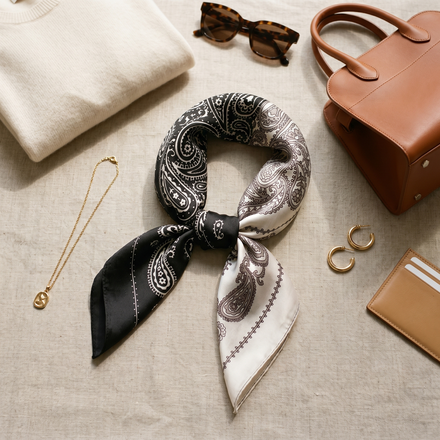 Roselys Paris foulard femme noir blanc paisley carré satiné 70x70 cm, porté au cou