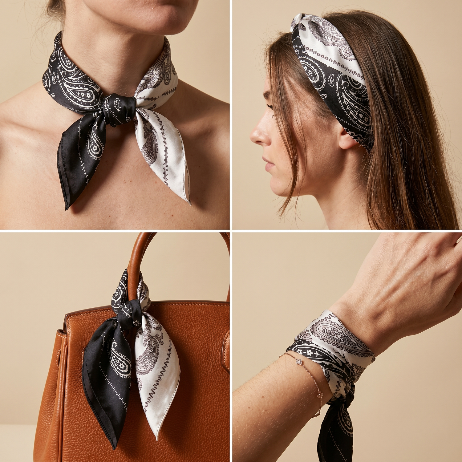 Roselys Paris foulard femme noir blanc paisley carré satiné 70x70 cm, en bandeau dans les cheveux