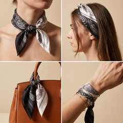 Roselys Paris foulard femme noir blanc paisley carré satiné 70x70 cm, en bandeau dans les cheveux