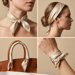 Roselys Paris foulard femme beige crème abstrait carré satiné 70x70 cm, en bandeau dans les cheveux