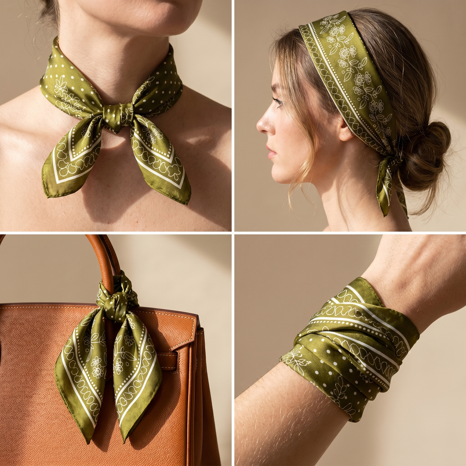 Roselys Paris foulard femme vert crème paisley carré satiné 70x70 cm, en bandeau dans les cheveux
