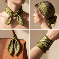 Roselys Paris foulard femme vert crème paisley carré satiné 70x70 cm, en bandeau dans les cheveux