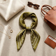 Roselys Paris foulard femme vert crème paisley carré satiné 70x70 cm, porté au cou