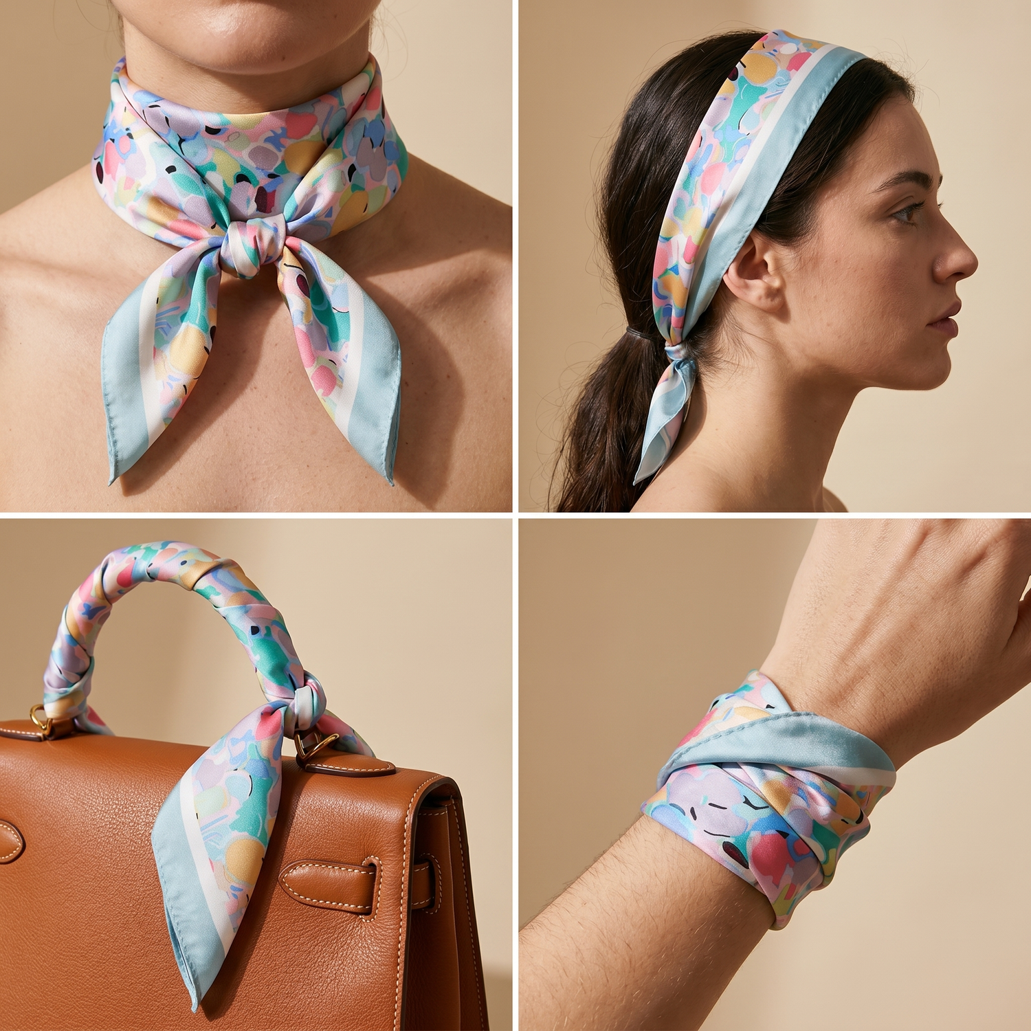 Roselys Paris foulard femme blanc rose fleuri carré satiné 70x70 cm, en bandeau dans les cheveux