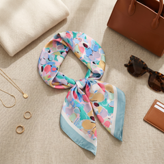 Roselys Paris foulard femme blanc rose fleuri carré satiné 70x70 cm, porté au cou