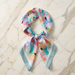 Roselys Paris foulard femme blanc rose fleuri carré satiné 70x70 cm