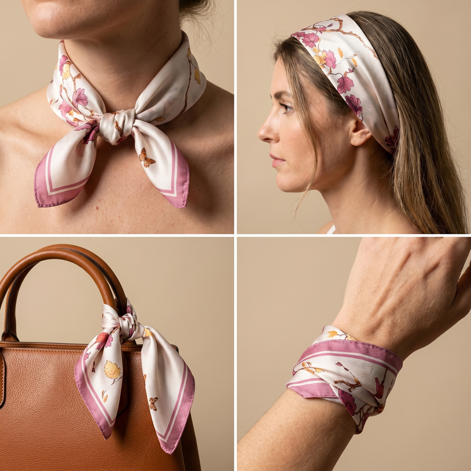Roselys Paris foulard femme blanc rose fleuri carré satiné 70x70 cm, en bandeau dans les cheveux