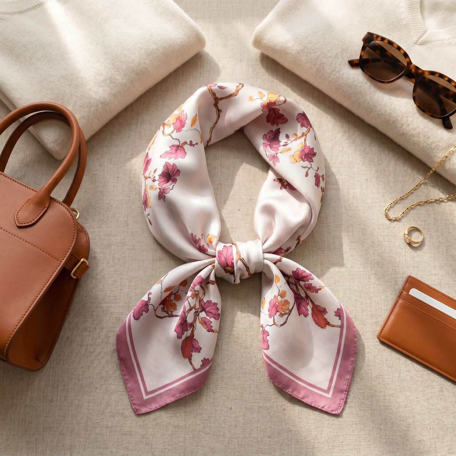 Roselys Paris foulard femme blanc rose fleuri carré satiné 70x70 cm, porté au cou
