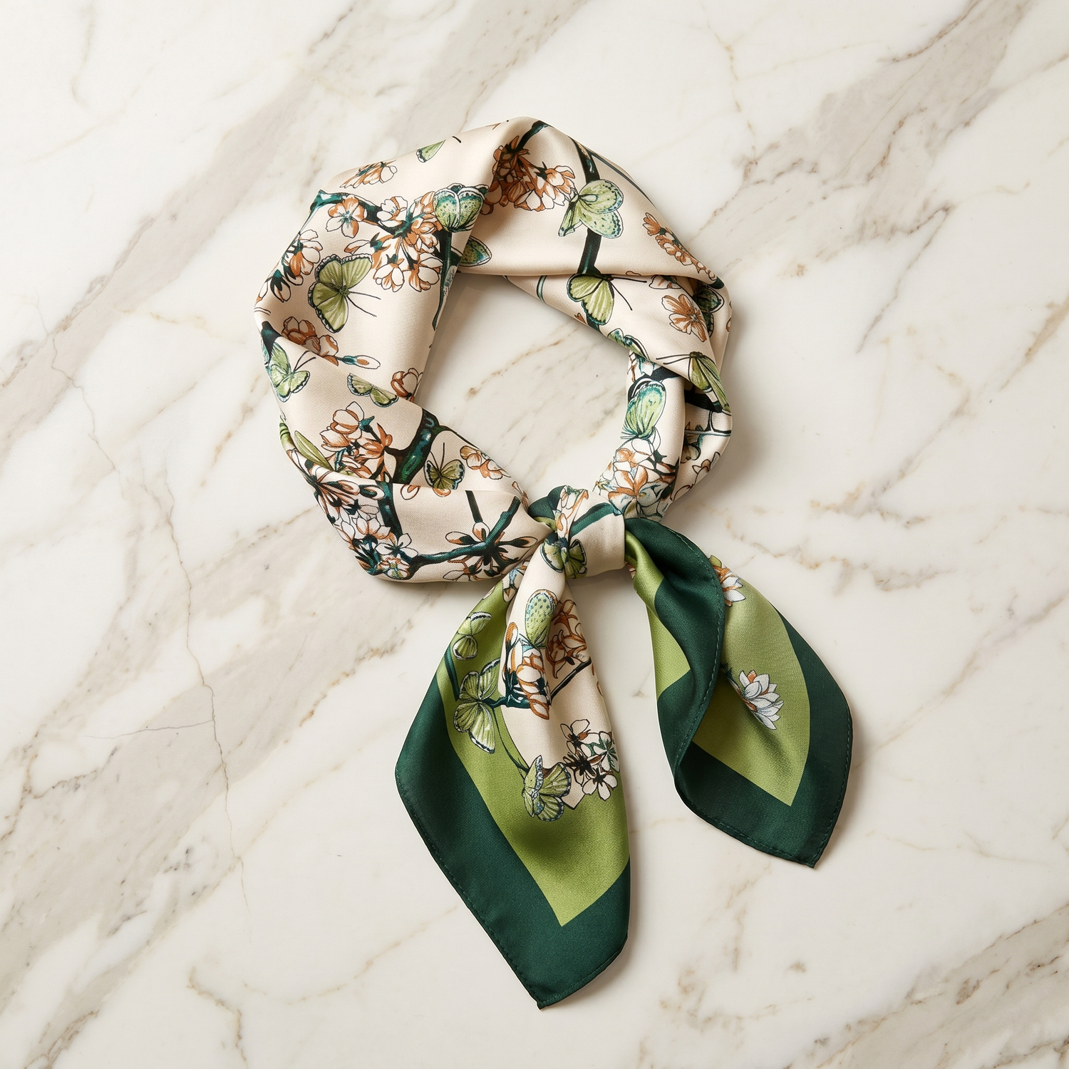 Roselys Paris foulard femme blanc vert fleuri carré satiné 70x70 cm