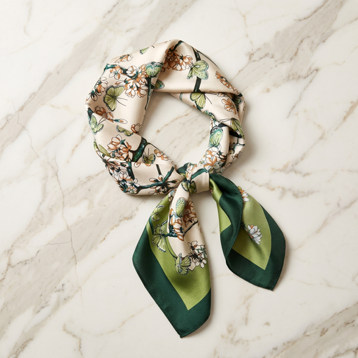 Roselys Paris foulard femme blanc vert fleuri carré satiné 70x70 cm