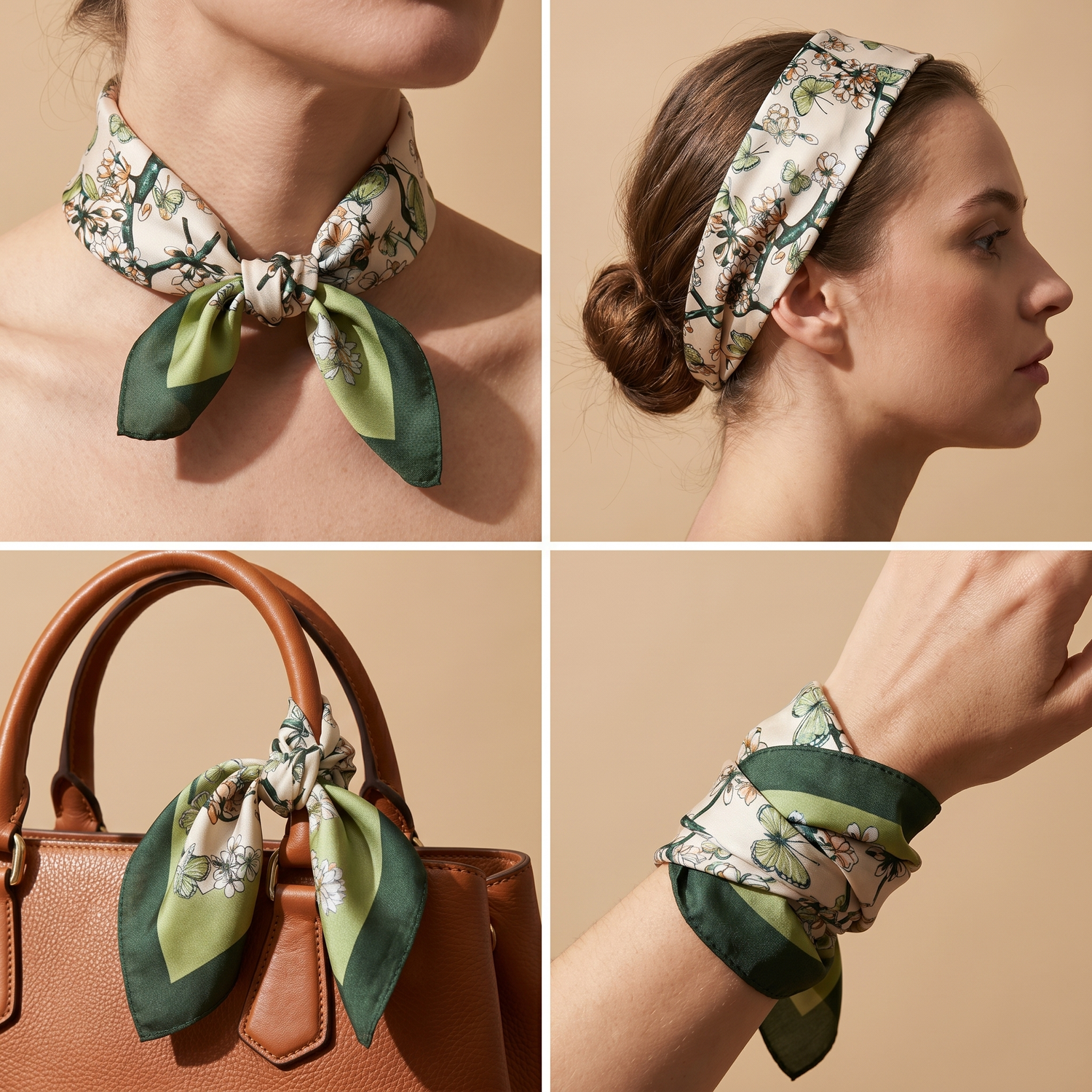 Roselys Paris foulard femme blanc vert fleuri carré satiné 70x70 cm, en bandeau dans les cheveux